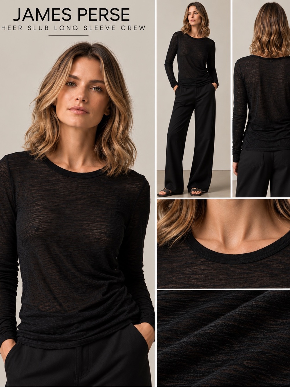 James Perse Black Sheer Long Sleeve Crew Top